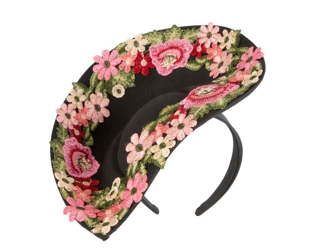 Fascinators Online - Black Floral Fascinator with Embroidered Lace - Fillies Collection