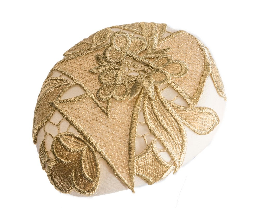 Fascinators Online - Elegant Winter Racing Cream Pillbox Fascinator with Gold Lace