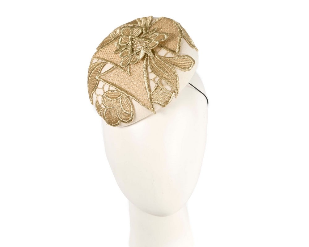 Fascinators Online - Elegant Winter Racing Cream Pillbox Fascinator with Gold Lace