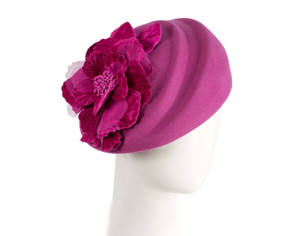Fascinators Online - Fuchsia Felt Beret Hat with Flower