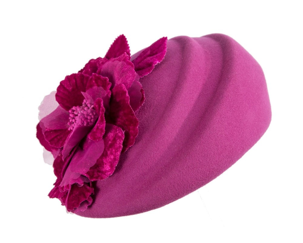 Fascinators Online - Fuchsia Felt Beret Hat with Flower