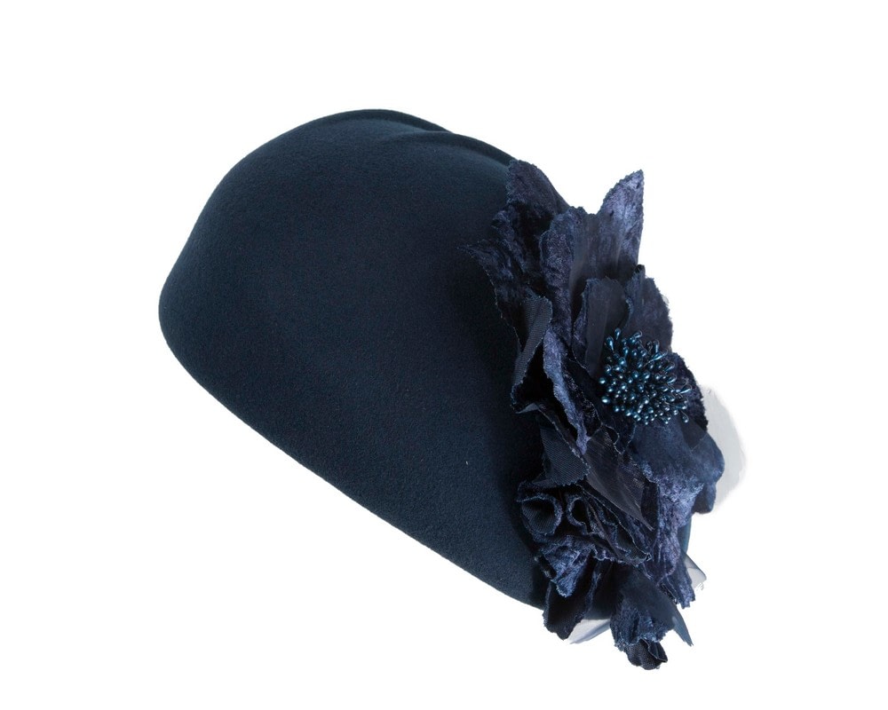 Navy Felt Beret Hat with Flower - Fascinators Online Navy Felt Beret Hat with Flower - Image 6