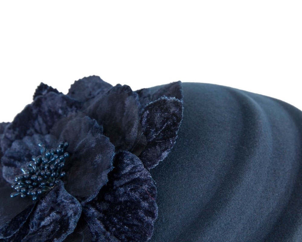 Navy Felt Beret Hat with Flower - Fascinators Online Navy Felt Beret Hat with Flower - Image 5