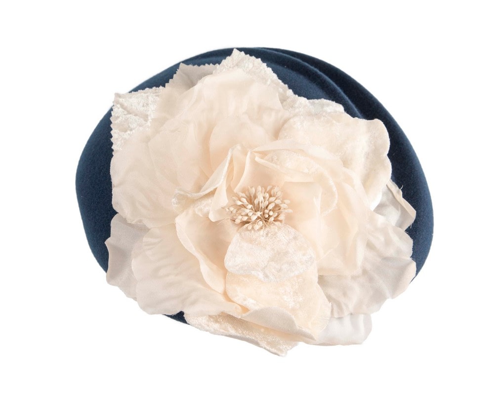 Navy Felt Beret Hat with Cream Flower - Fascinators Online Navy Felt Beret Hat with Cream Flower - Image 4