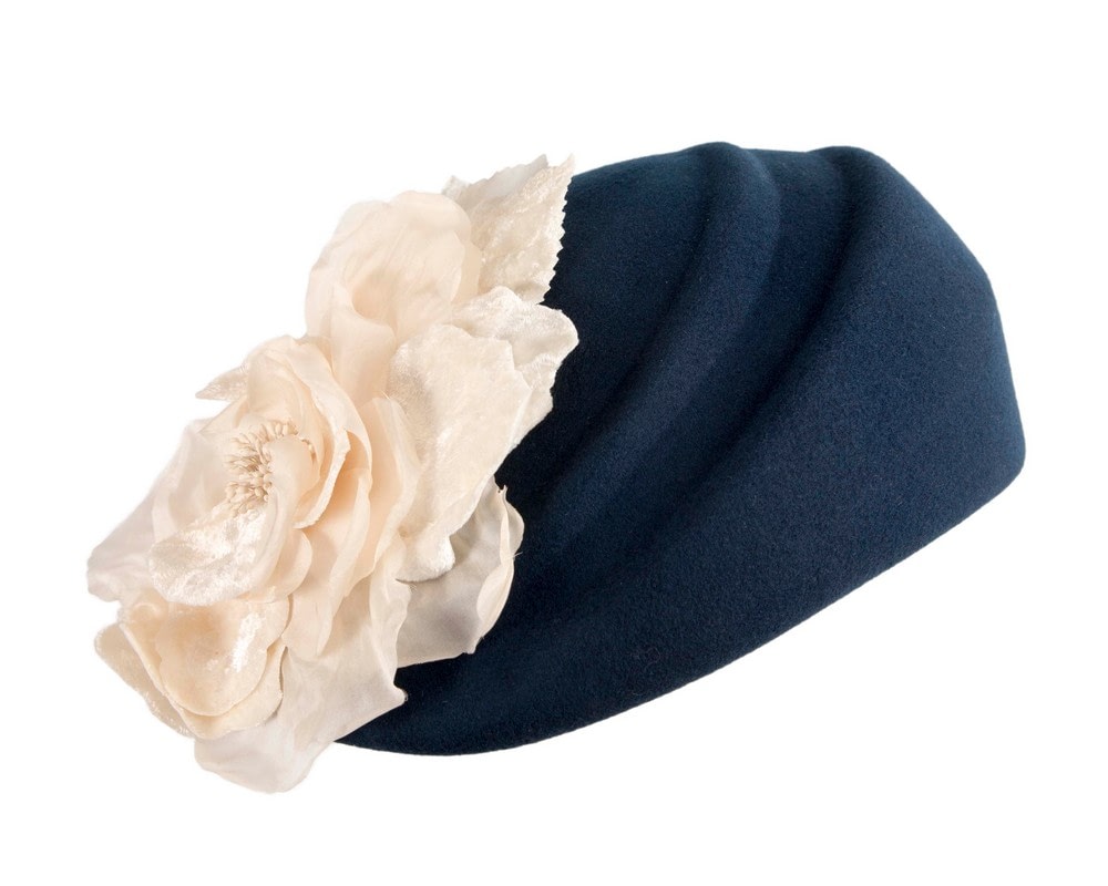 Fascinators Online - Navy Felt Beret Hat with Cream Flower