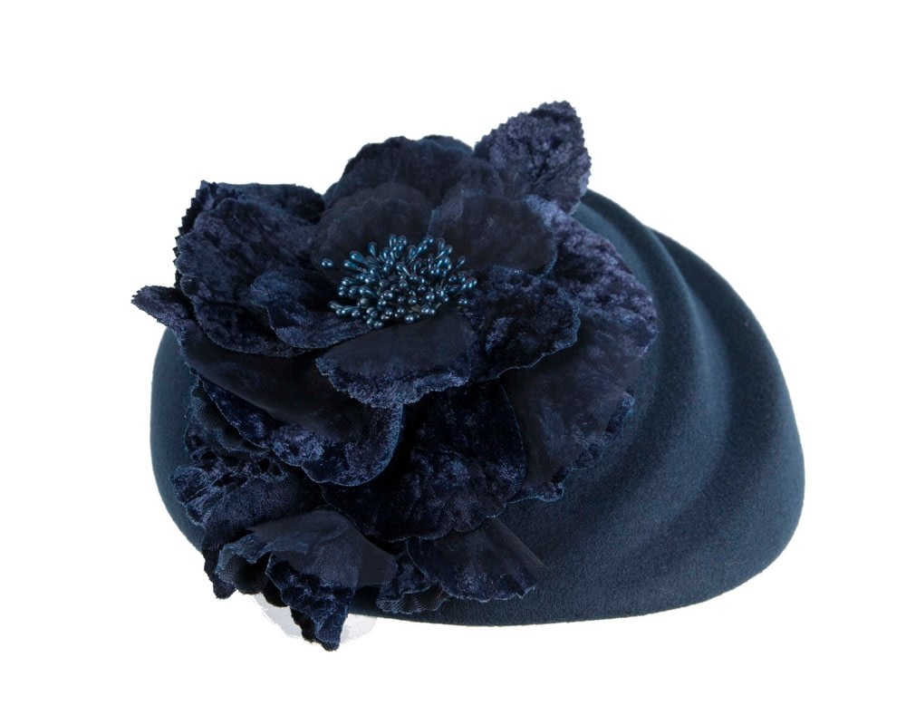 Navy Felt Beret Hat with Flower - Fascinators Online Navy Felt Beret Hat with Flower - Image 4