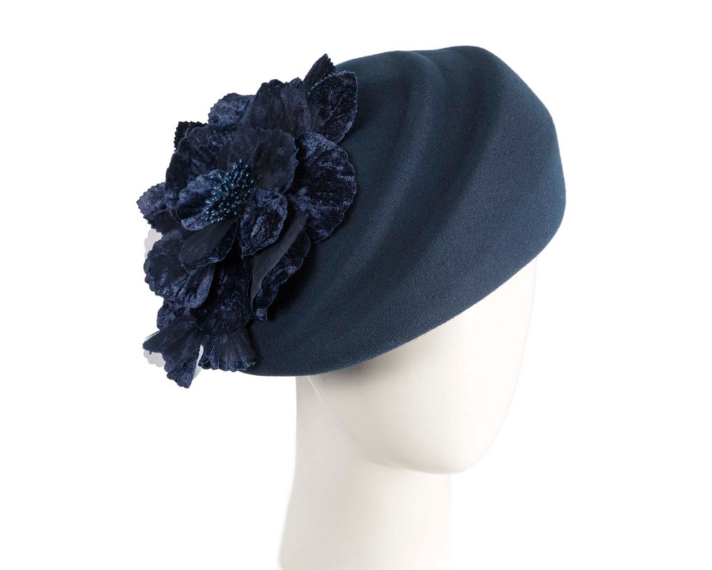 Fascinators Online - Navy Felt Beret Hat with Flower
