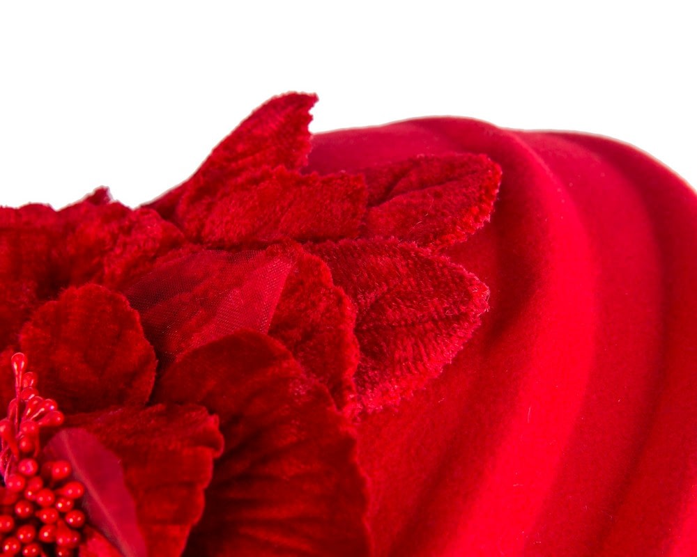 Red Felt Beret Hat with Flower - Image 5