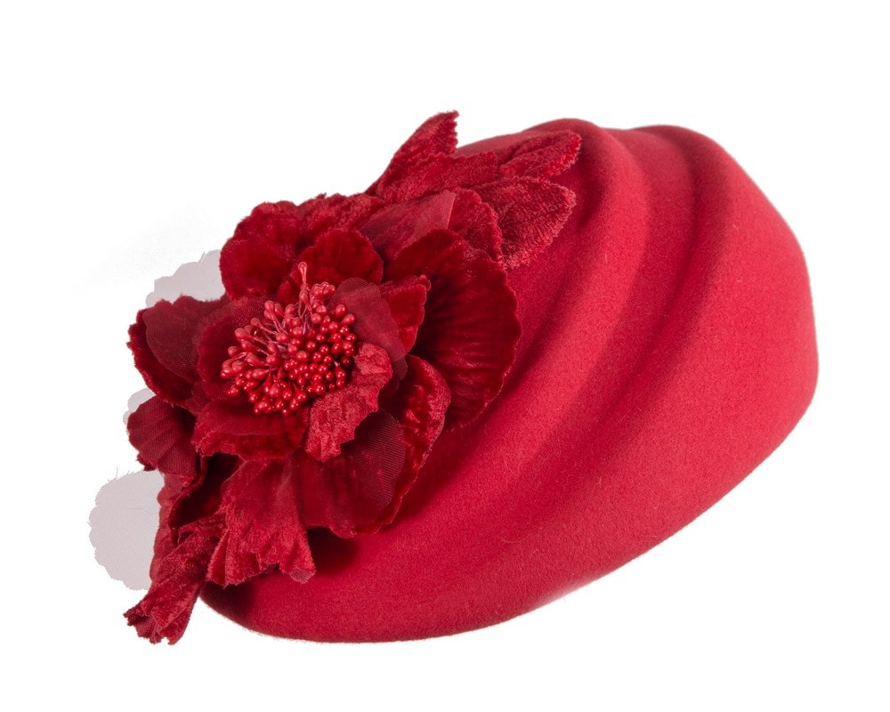 Fascinators Online - Red Felt Beret Hat with Flower