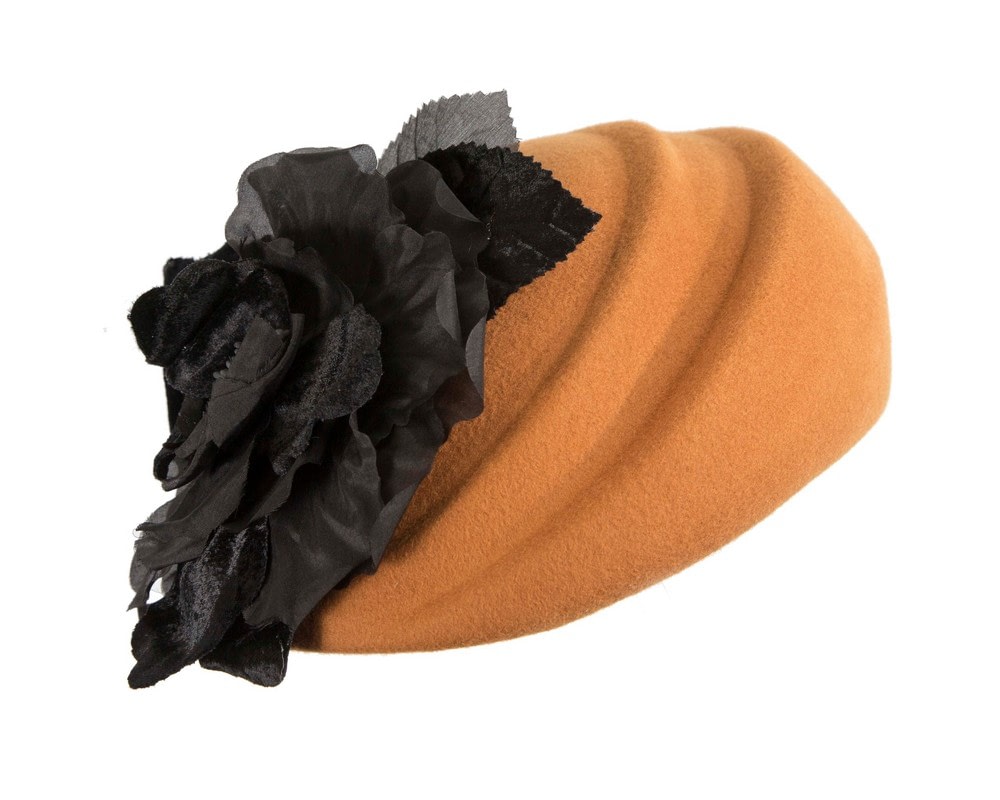 Fascinators Online - Rust Felt Beret Hat with Black Flower