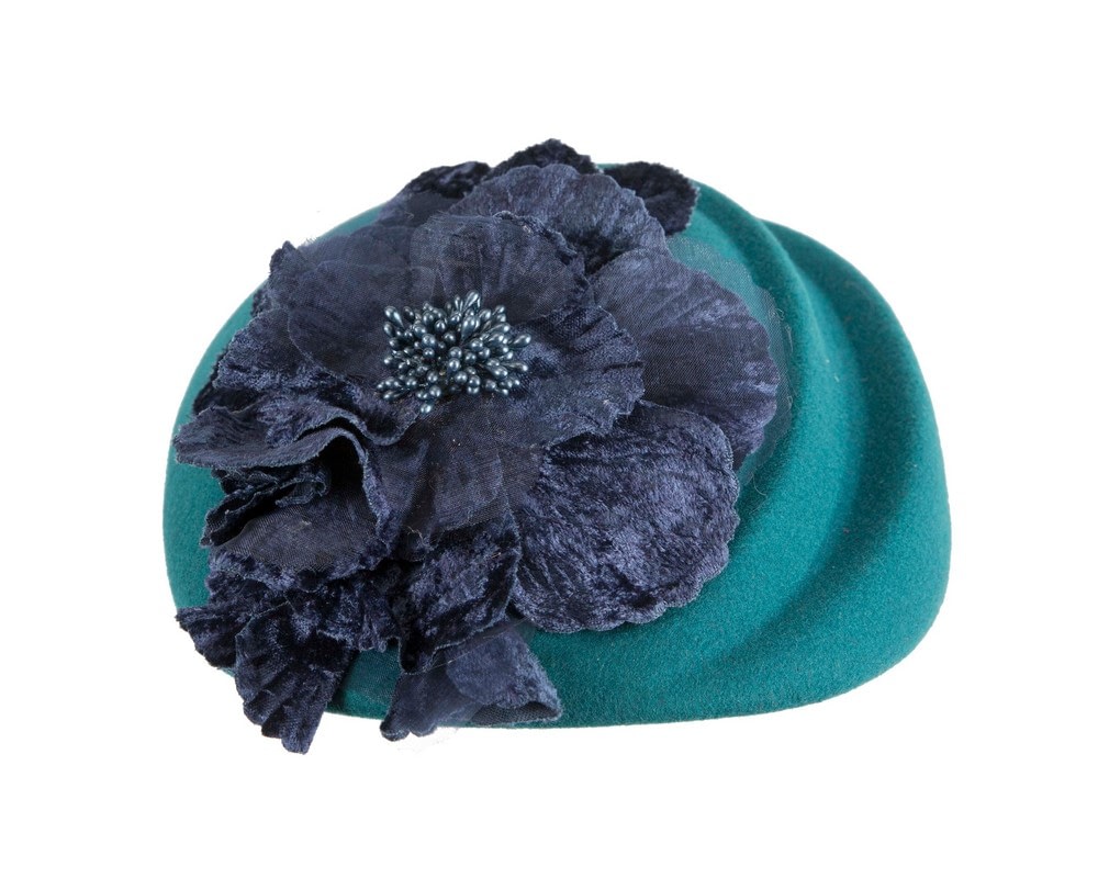 Teal Felt Beret Hat with Navy Flower - Image 4