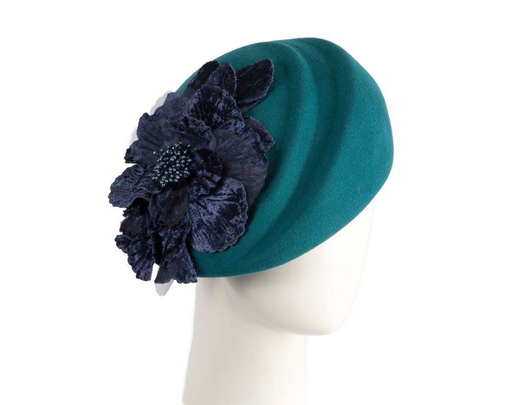 Fascinators Online - Teal Felt Beret Hat with Navy Flower