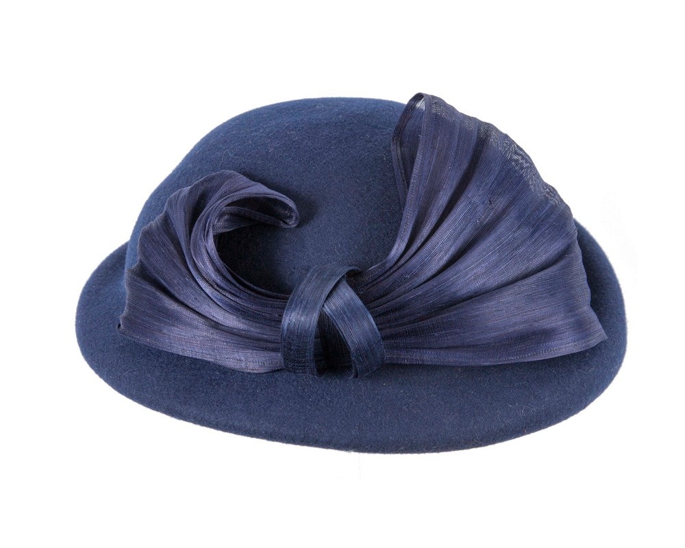Bold Navy Felt Hat with Silk Abaca Bow - Fascinators Online Bold Navy Felt Hat with Silk Abaca Bow - Image 4
