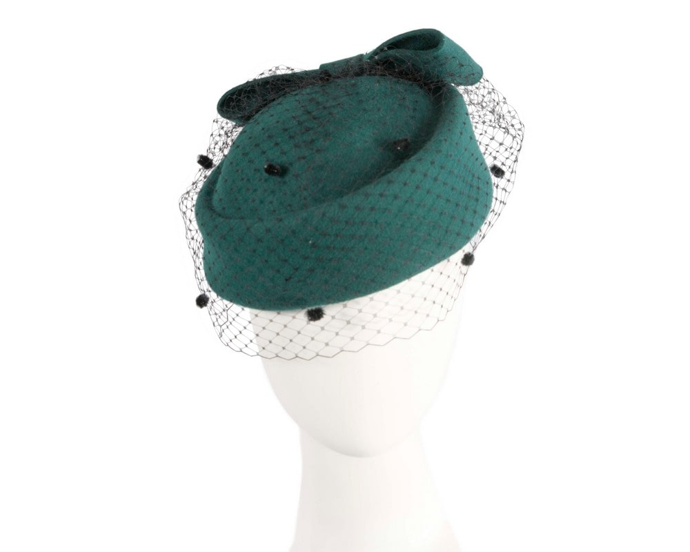 Fascinators Online - Large green felt beret hat with veil