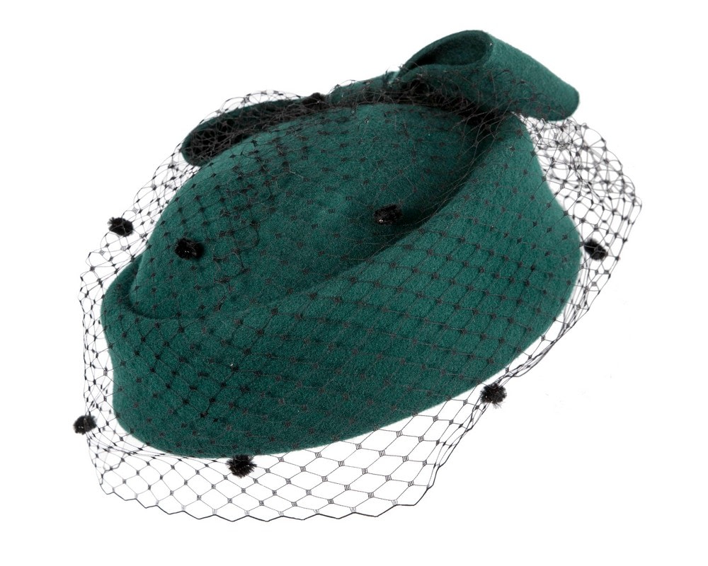 Fascinators Online - Large green felt beret hat with veil