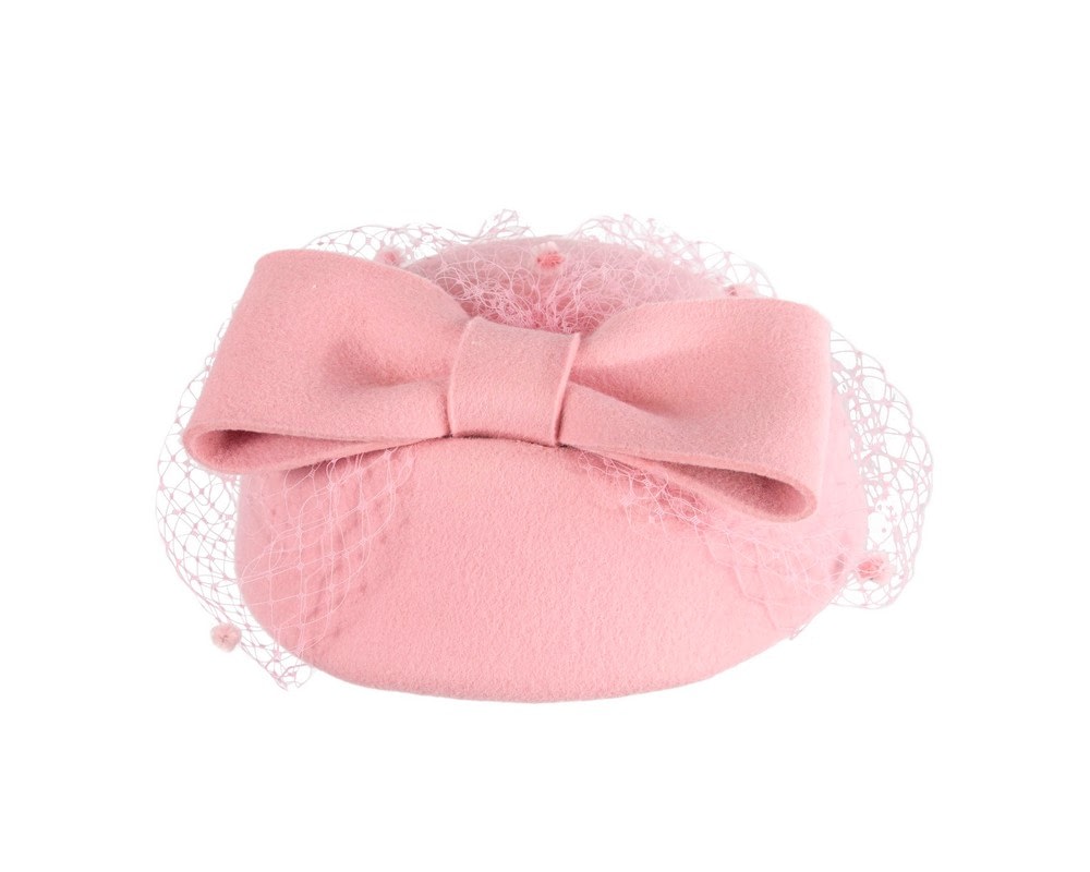 Large pink felt beret hat with veil - Image 6