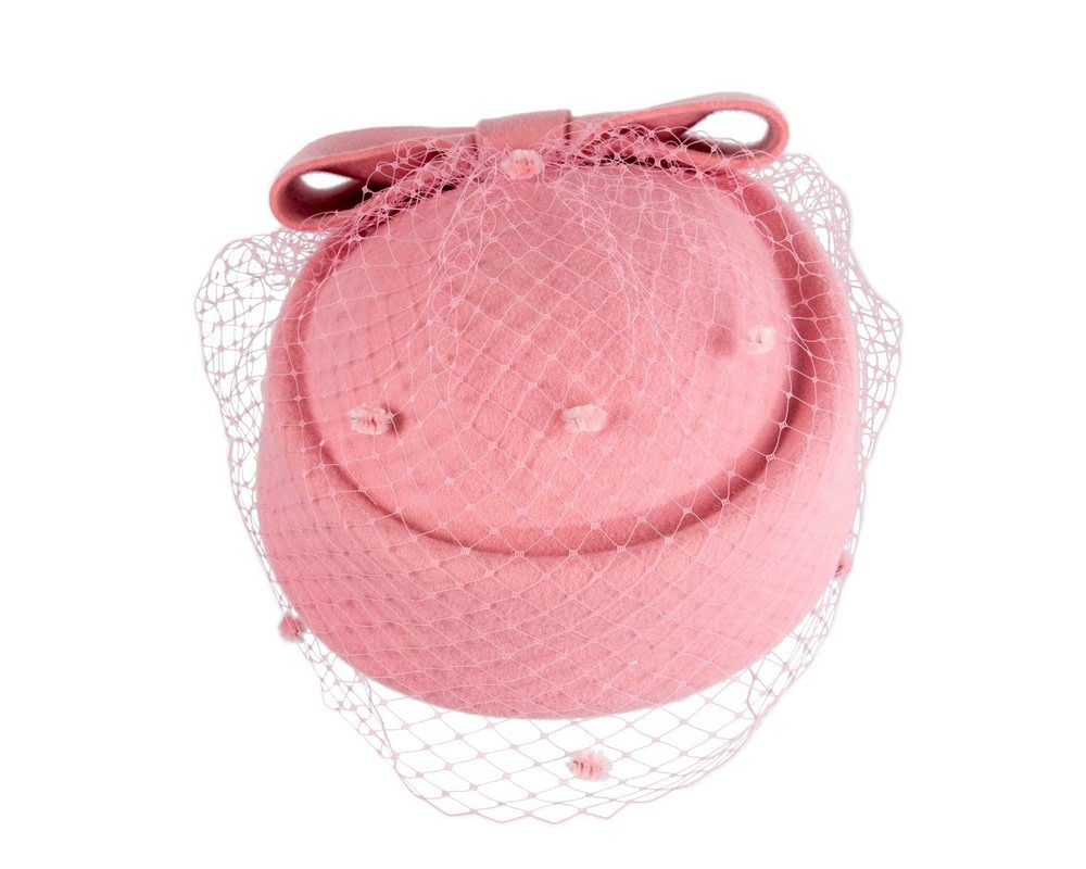 Large pink felt beret hat with veil - Image 3