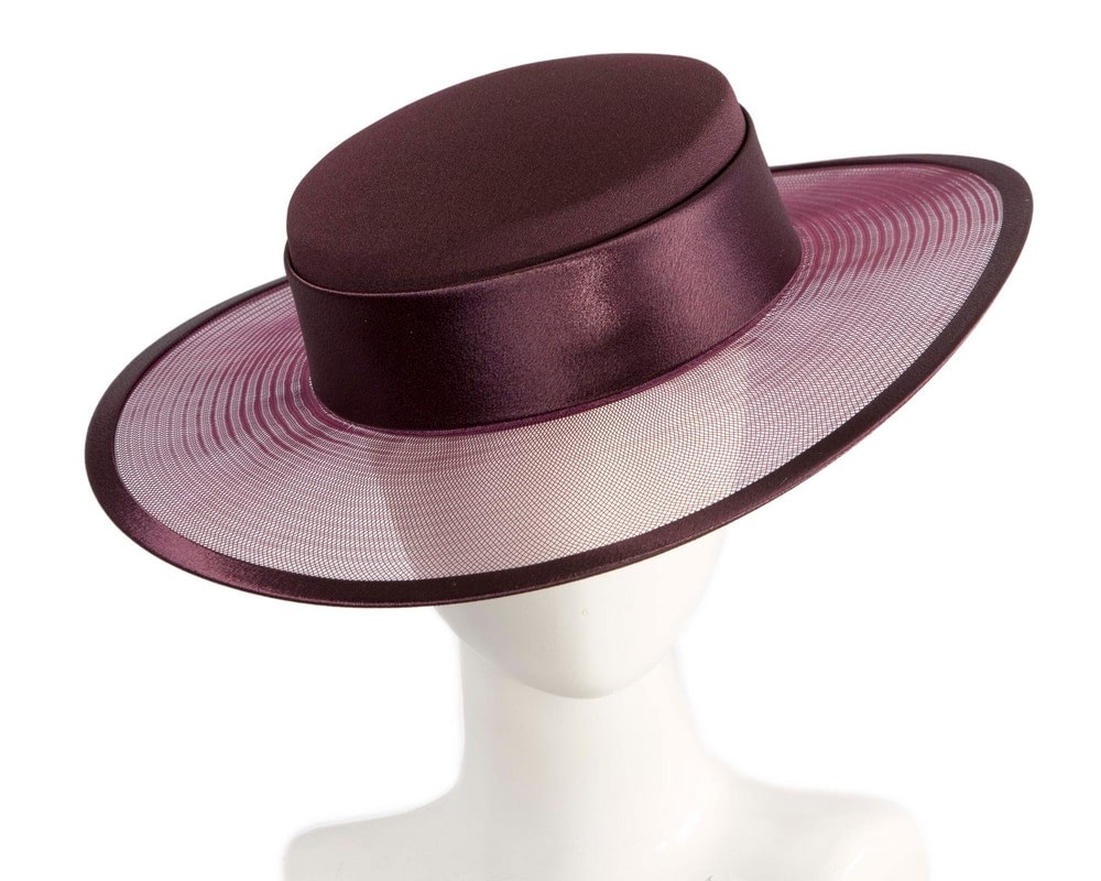 Fascinators Online - Wine colored boater hat by Cupids Millinery Melbourne