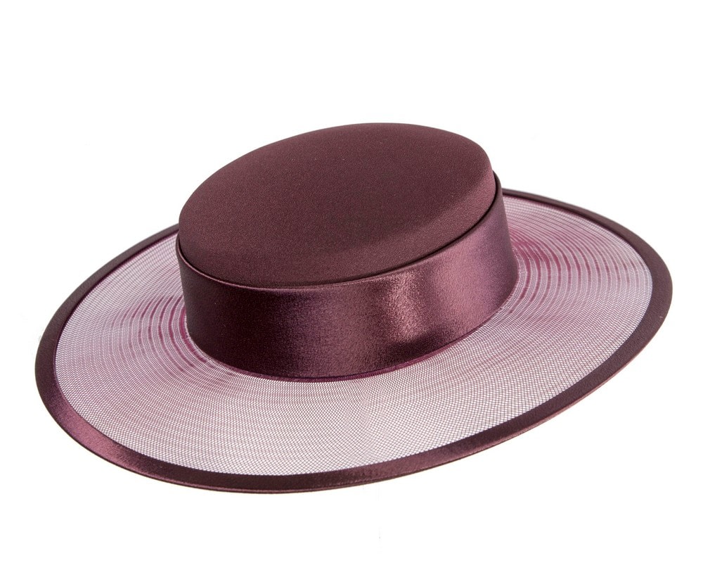 Fascinators Online - Wine colored boater hat by Cupids Millinery Melbourne