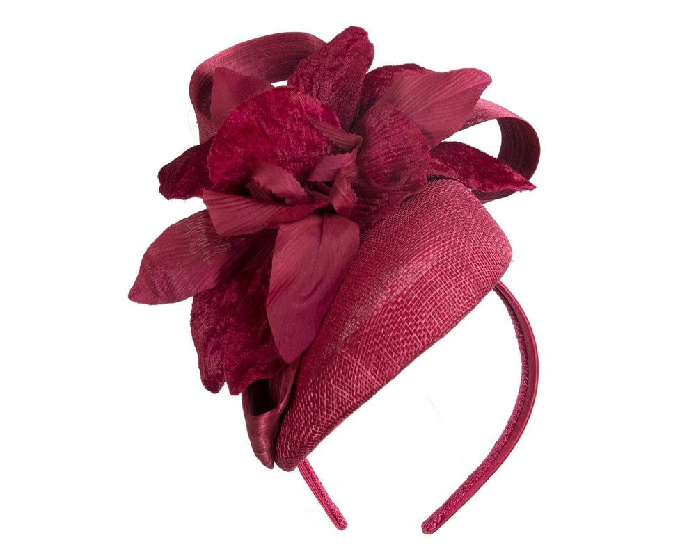 Tall burgundy pillbox fascinator with flower by Fillies Collection - Fascinators Online Tall burgundy pillbox fascinator with flower by Fillies Collection - Image 2
