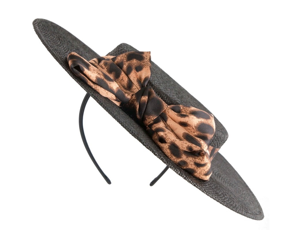 Max Alexander Black Boater Hat with Leopard Scarf - Fascinators Online Max Alexander Black Boater Hat with Leopard Scarf - Image 6
