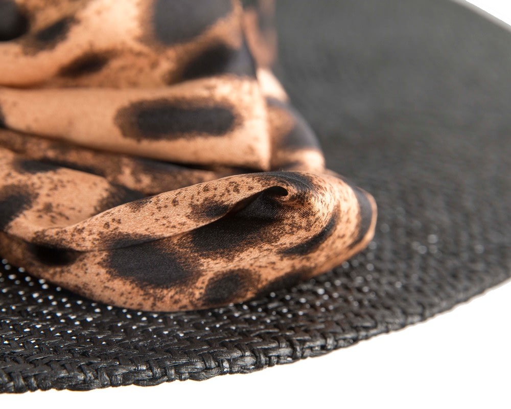 Max Alexander Black Boater Hat with Leopard Scarf - Fascinators Online Max Alexander Black Boater Hat with Leopard Scarf - Image 5