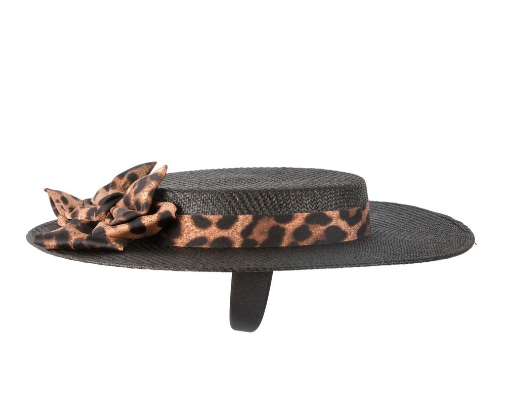 Max Alexander Black Boater Hat with Leopard Scarf - Fascinators Online Max Alexander Black Boater Hat with Leopard Scarf - Image 3