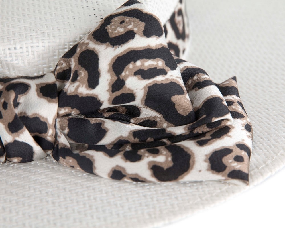 Max Alexander White Boater Hat with Leopard Scarf - Fascinators Online Max Alexander White Boater Hat with Leopard Scarf - Image 5