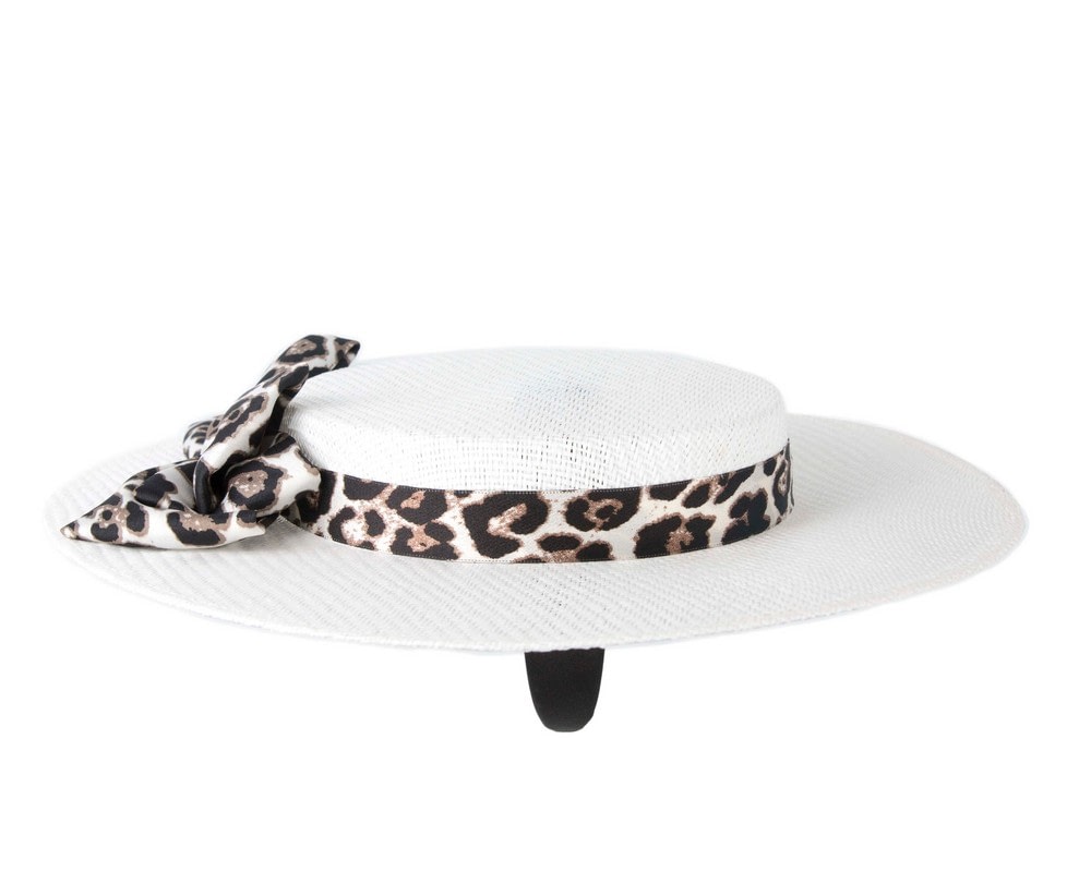Max Alexander White Boater Hat with Leopard Scarf - Fascinators Online Max Alexander White Boater Hat with Leopard Scarf - Image 3
