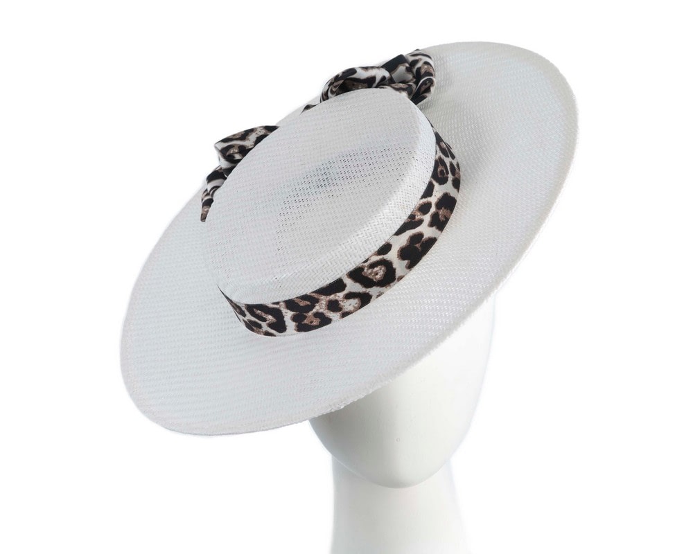 Fascinators Online - Max Alexander White Boater Hat with Leopard Scarf