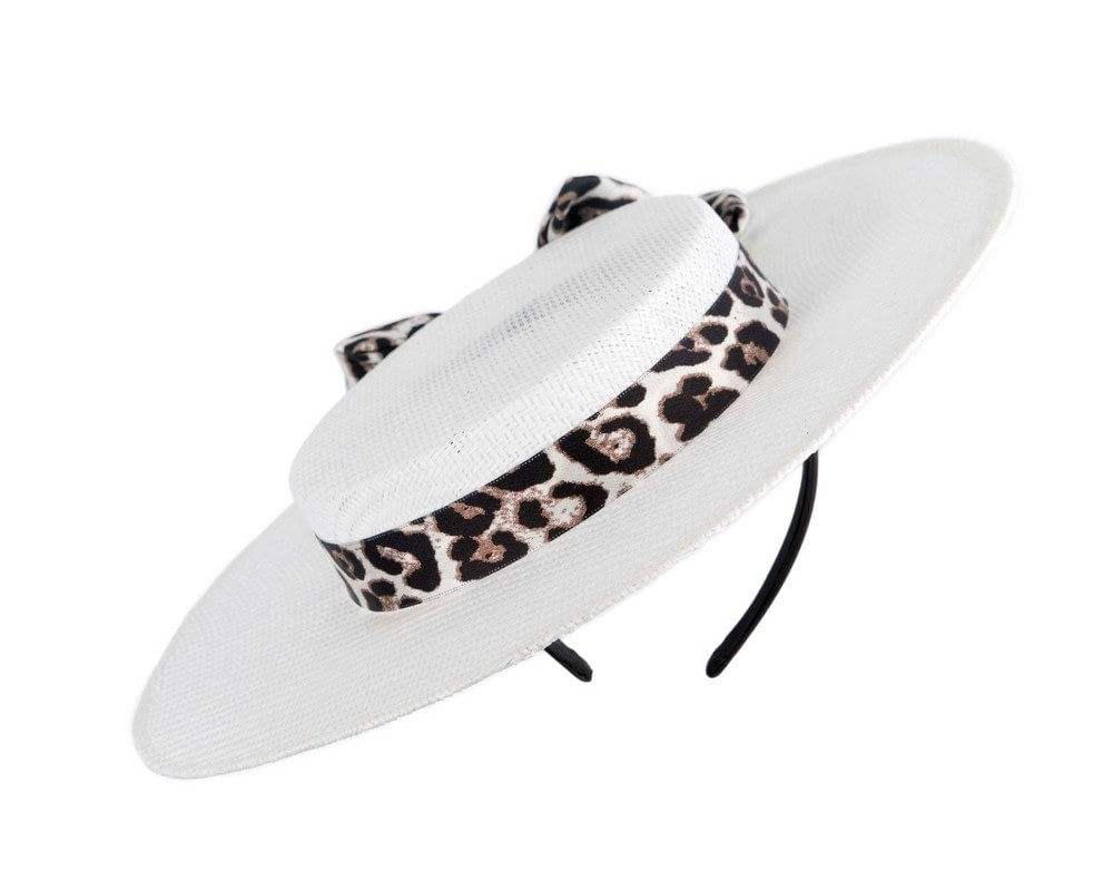 Fascinators Online - Max Alexander White Boater Hat with Leopard Scarf