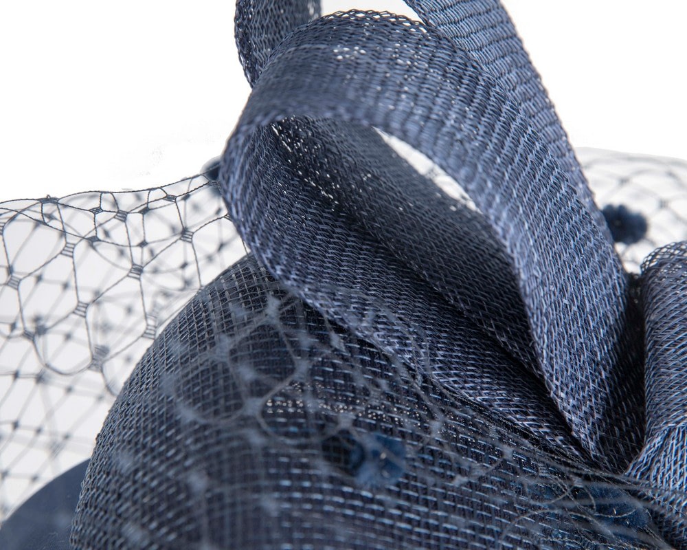Navy sinamay fascinator with face veil - Image 3