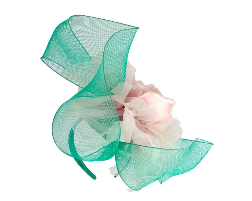 Large green & pink fascinator with flower by Fillies Collection - Fascinators Online Large green & pink fascinator with flower by Fillies Collection - Image 6