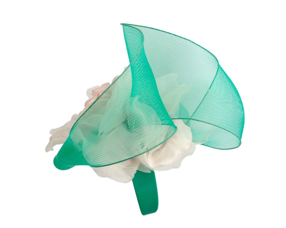 Large green & pink fascinator with flower by Fillies Collection - Fascinators Online Large green & pink fascinator with flower by Fillies Collection - Image 4
