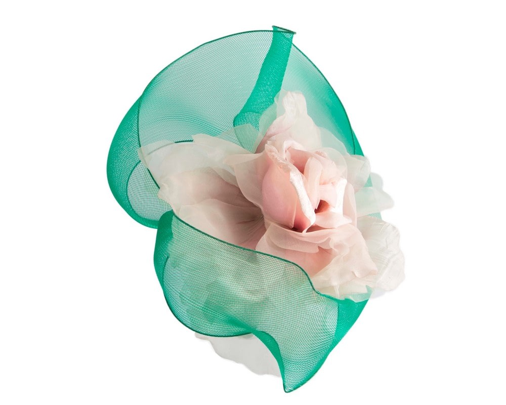 Large green & pink fascinator with flower by Fillies Collection - Fascinators Online Large green & pink fascinator with flower by Fillies Collection - Image 3