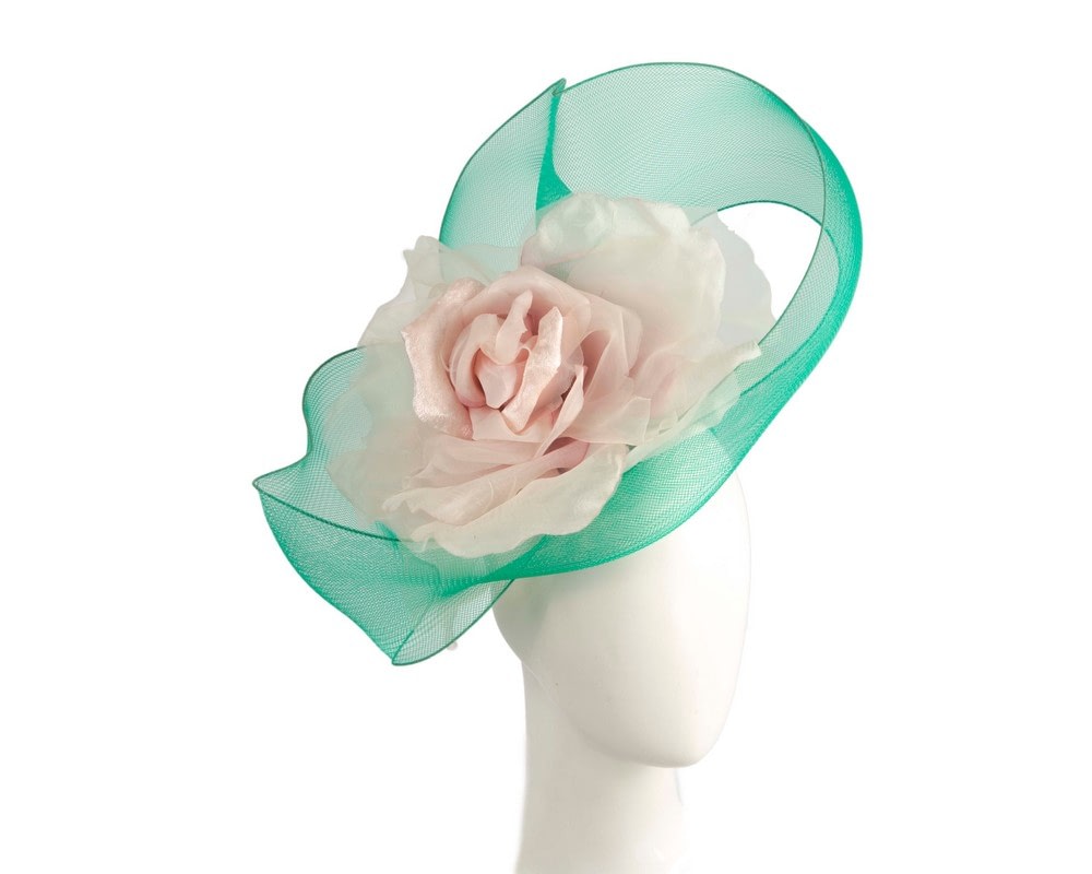 Fascinators Online - Large green & pink fascinator with flower by Fillies Collection