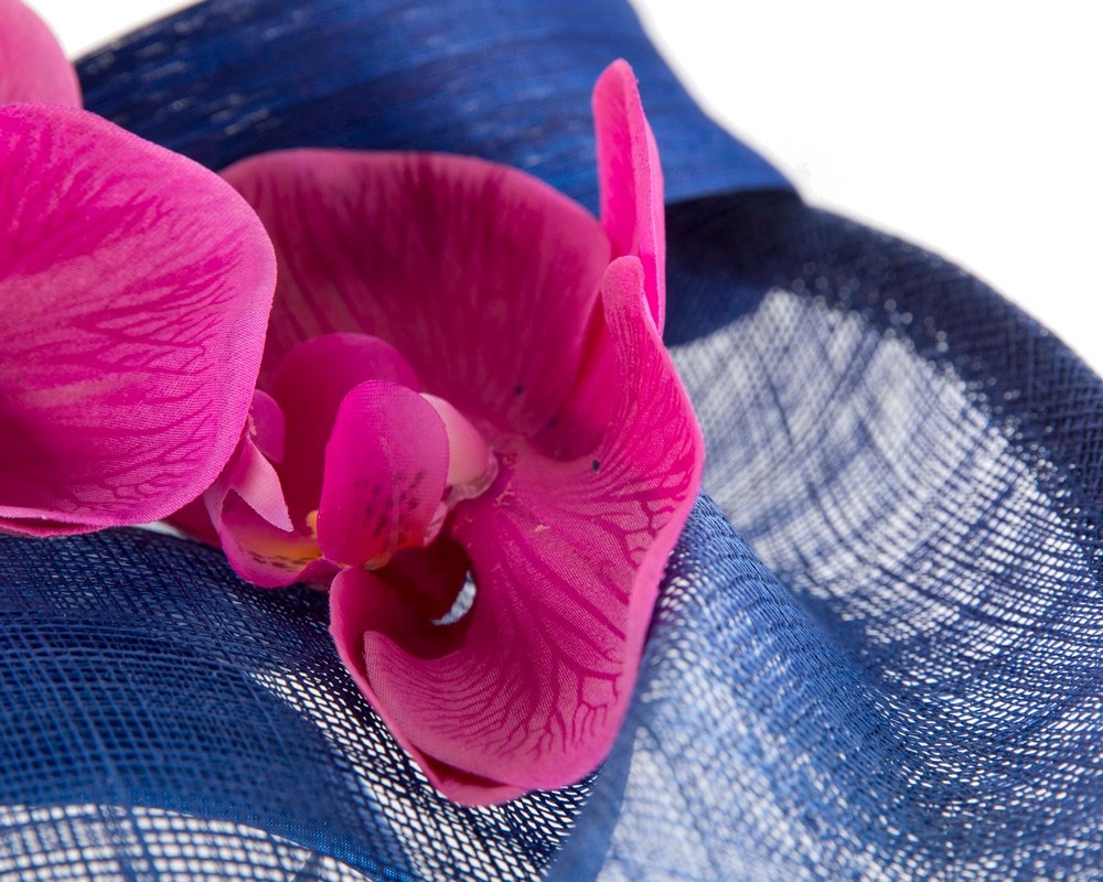 Large royal blue & fuchsia fascinator with orchids by Fillies Collection - Image 3
