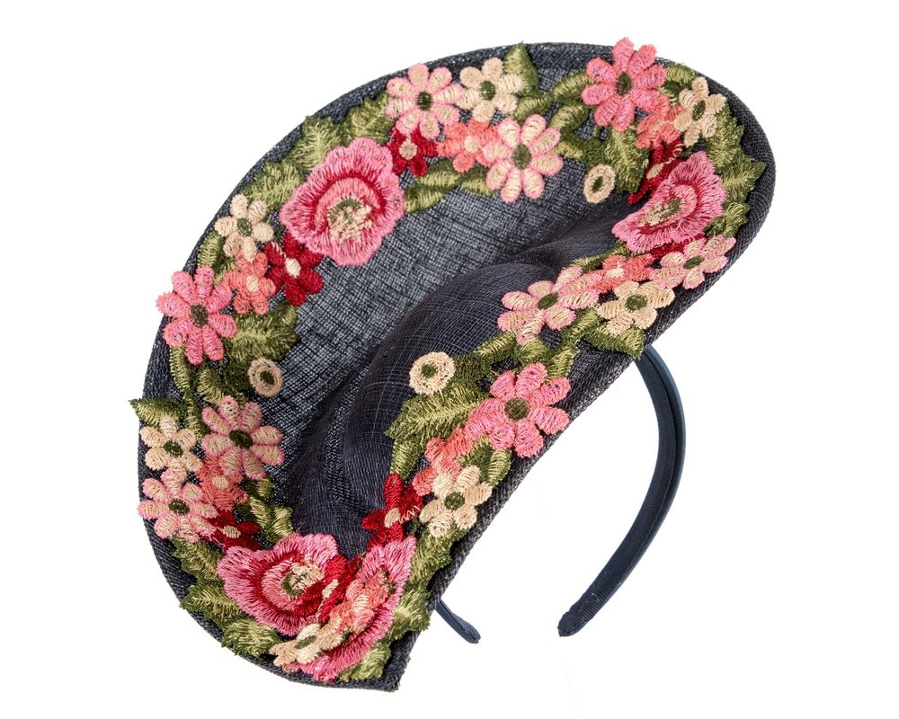 Fascinators Online - Navy Floral Fascinator with Embroidered Lace - Fillies Collection