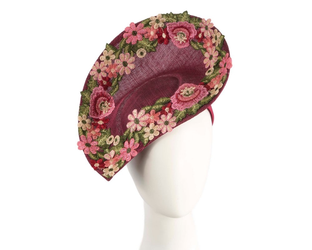 Fascinators Online - Wine-colored Floral Fascinator with Embroidered Lace - Fillies Collection