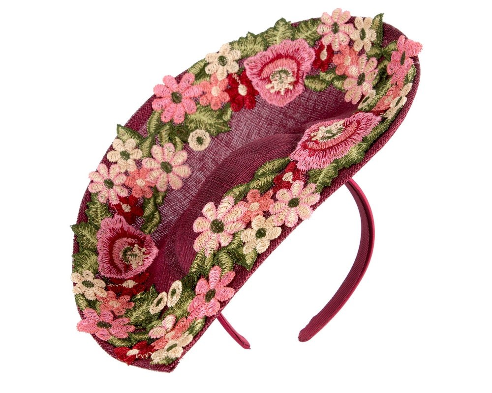 Fascinators Online - Wine-colored Floral Fascinator with Embroidered Lace - Fillies Collection