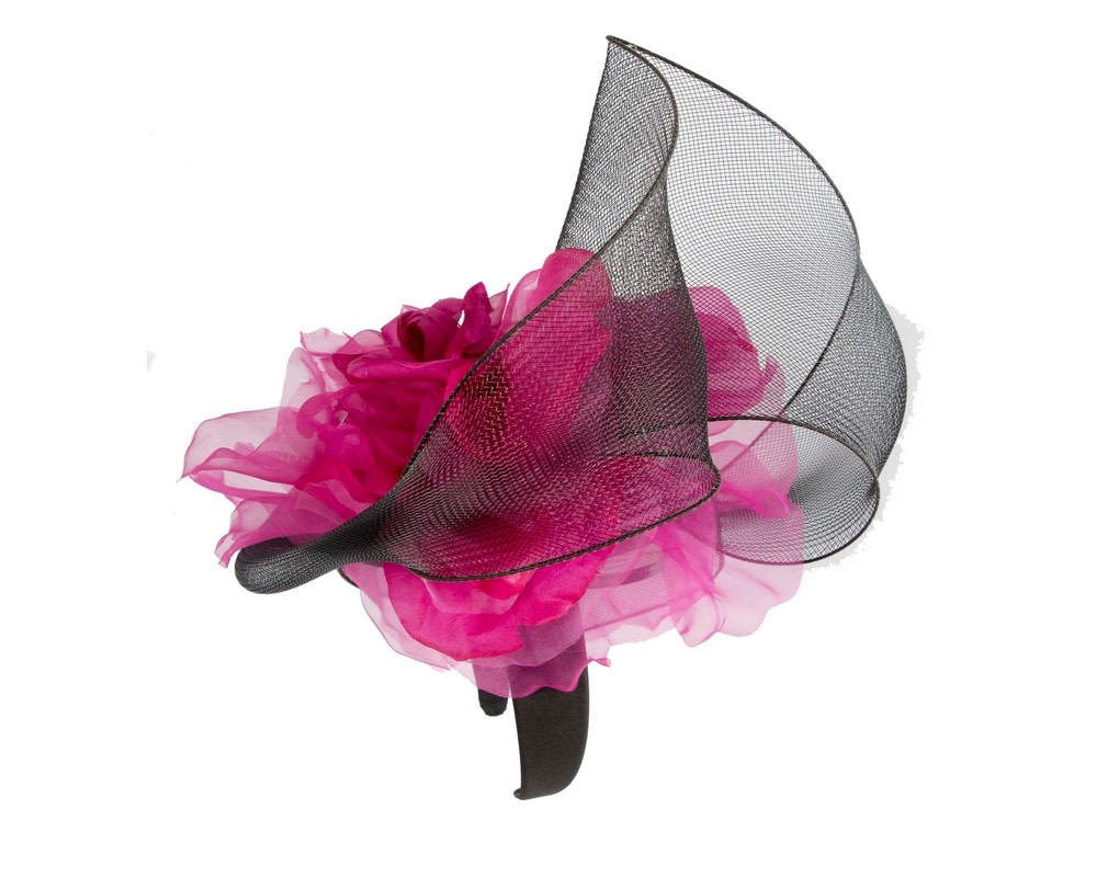 Large black & fuchsia fascinator with flower by Fillies Collection - Image 4