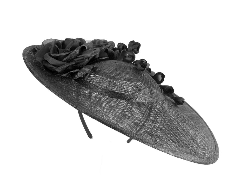Fascinators Online - Black wide brim sinamay fascinator hat with flowers