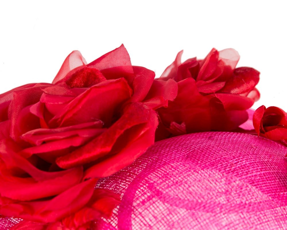 Fuchsia wide brim sinamay fascinator hat with red flowers - Fascinators Online Fuchsia wide brim sinamay fascinator hat with red flowers - Image 5