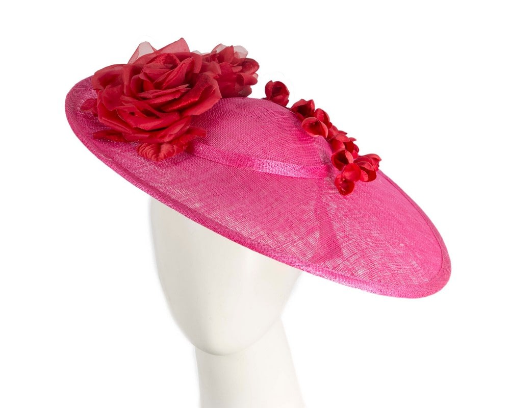 Fascinators Online - Fuchsia wide brim sinamay fascinator hat with red flowers