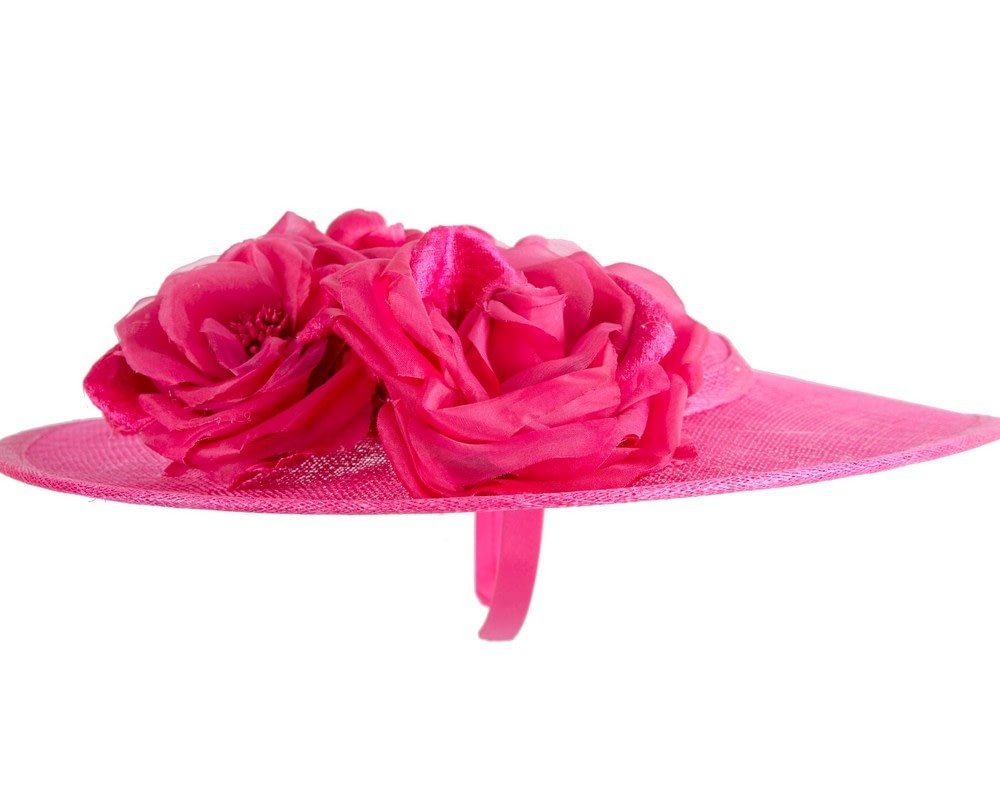 Fuchsia wide brim sinamay fascinator hat with flowers - Fascinators Online Fuchsia wide brim sinamay fascinator hat with flowers - Image 4