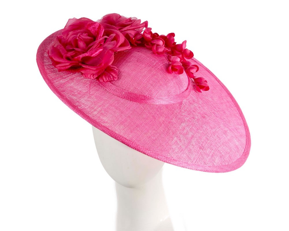 Fascinators Online - Fuchsia wide brim sinamay fascinator hat with flowers