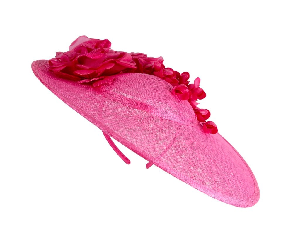 Fascinators Online - Fuchsia wide brim sinamay fascinator hat with flowers