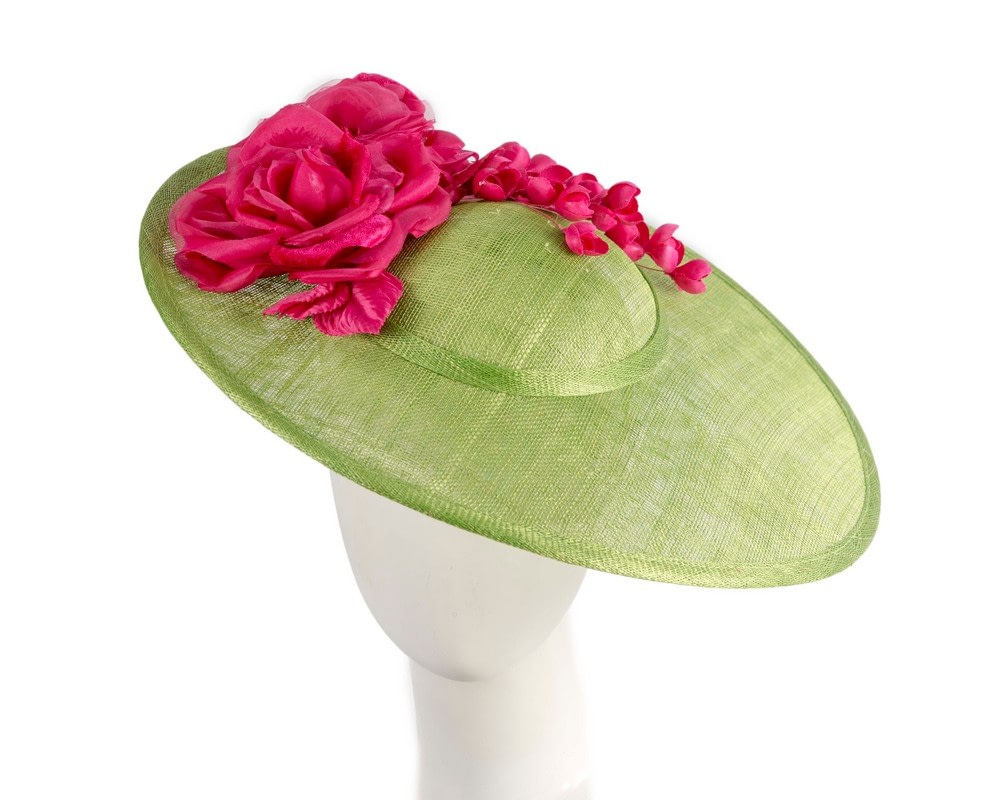 Fascinators Online - Lime wide brim sinamay fascinator hat with fuchsia flowers