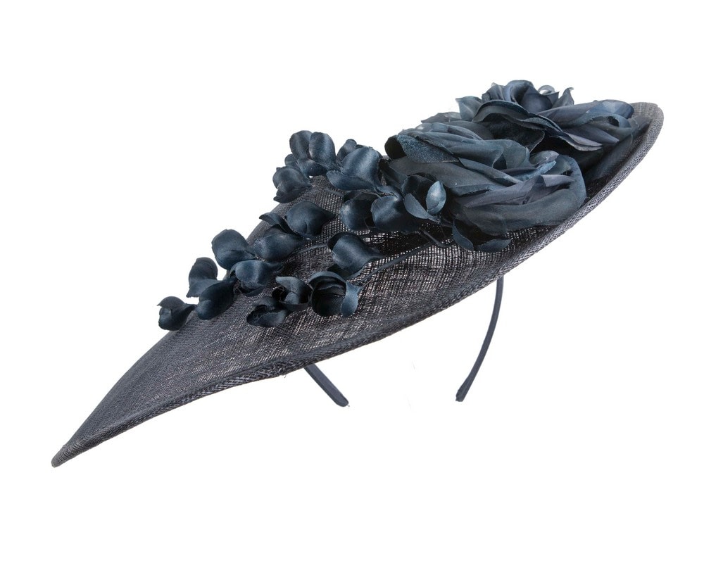 Navy wide brim sinamay fascinator hat with flowers - Image 5