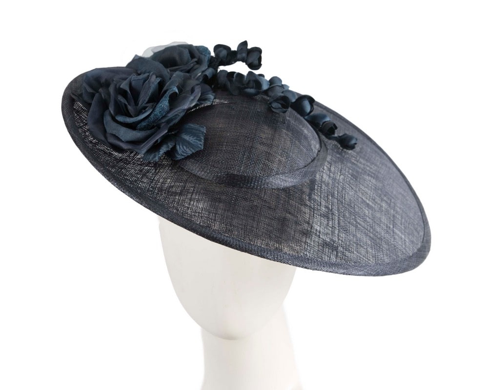Fascinators Online - Navy wide brim sinamay fascinator hat with flowers